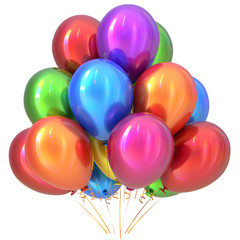 Balloons happy birthday party decoration colorful multicolored. Holiday anniversary celebrate new years eve christmas carnival greeting card design element. 3D illustration isolated on white