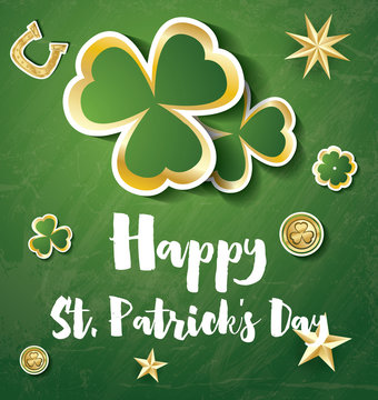 Saint Patrick's Day Background with Clover Leaves, Golden Stars and Coins.