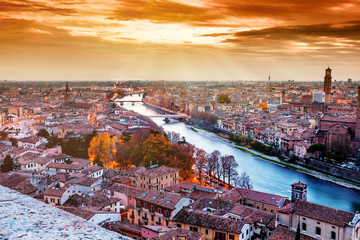 Fototapeta na wymiar Beautiful cityscape. Sunset in Verona, Italy.
