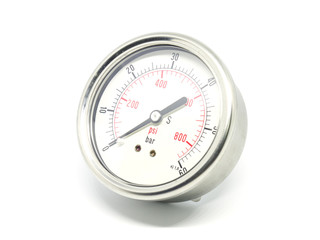 Closeup of a high pressure manometer on white background.