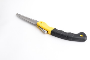 Folding garden hacksaw black-yellow saw on white background, saw with handle lock
