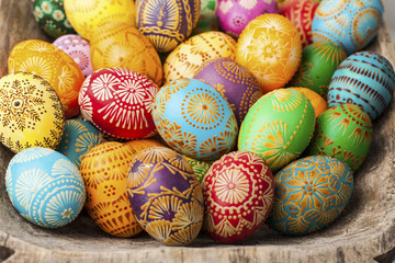 Easter eggs, Paschal eggs collection, decorated with beeswax - to celebrate Easter. Its old tradition in Lithuania, Eastern Europe.