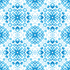 Vector abstract seamless pixel blue pattern made of small squares on a white background. Mosaic, background, embroidery, wallpaper, kaleidoscope, mandala. Vector illustration.