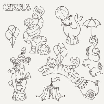 Circus cartoon icons collection with chapiteau tent and trained wild animals.