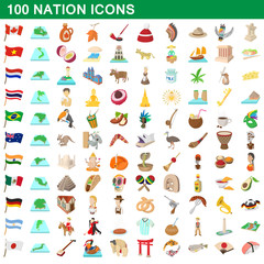 100 nation icons set, cartoon style