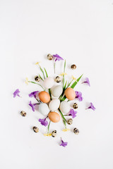 Obraz na płótnie Canvas Brown and white Easter eggs, quail eggs, yellow and purple flowers on white background. Flat lay, top view. Traditional spring concept. Easter concept.