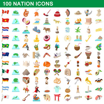 100 nation icons set, cartoon style