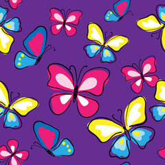 Seamless texture with multicolored butterflies on a violet background