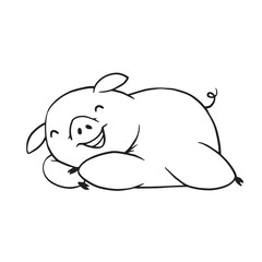 Vector cartoon image of a funny plump pig sleeping and dreaming about delicious food on a white background. Made in monochrome style. Positive character, farm. Line art. Vector illustration.
