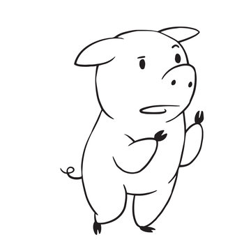 Vector cartoon image of a funny plump pig standing on her hind hooves and wondering on a white background. Made in monochrome style. Positive character, farm. Line art. Vector illustration.