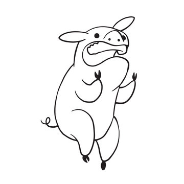 Vector cartoon image of a funny plump pig standing on her hind hooves and angrily shouting on a white background. Made in monochrome style. Positive character, farm. Line art. Vector illustration.