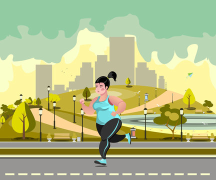 Woman jogging in the park against the backdrop of the city.