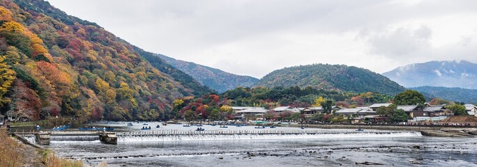 View of Arashiyama District from Togetsu-kyo Bridge - Kyoto, Japan