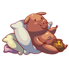 Vector cartoon image of a funny plump pink pig lying on pillows with a pot of honey in her hoof on a white background. Color image. Positive character, farm. Vector illustration.