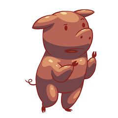 Vector cartoon image of a funny plump pink pig standing on her hind hooves and wondering on a white background. Color image. Positive character, farm. Vector illustration.