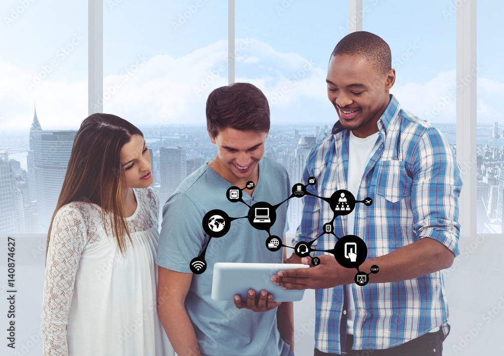 Poster executives using digital tablet against with connecting icons