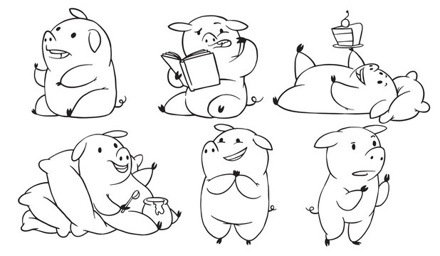 Vector set of cartoon images of funny plump pigs in different poses with different emotions on a white background. Made in monochrome style. Positive character, farm. Line art. Vector illustration.