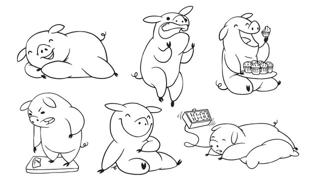 Vector set of six cartoon images of funny plump pigs in different poses with different emotions on a white background. Made in monochrome style. Positive character, farm. Line art. Vector illustration
