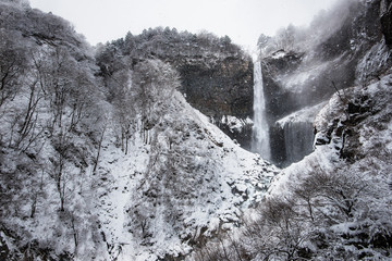 View of snowy Kegon Falls - Nikko, Japan
