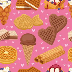 Different wafer cookies waffle cakes and chocolate delicious snack cream dessert crispy bakery food vector seamless pattern.