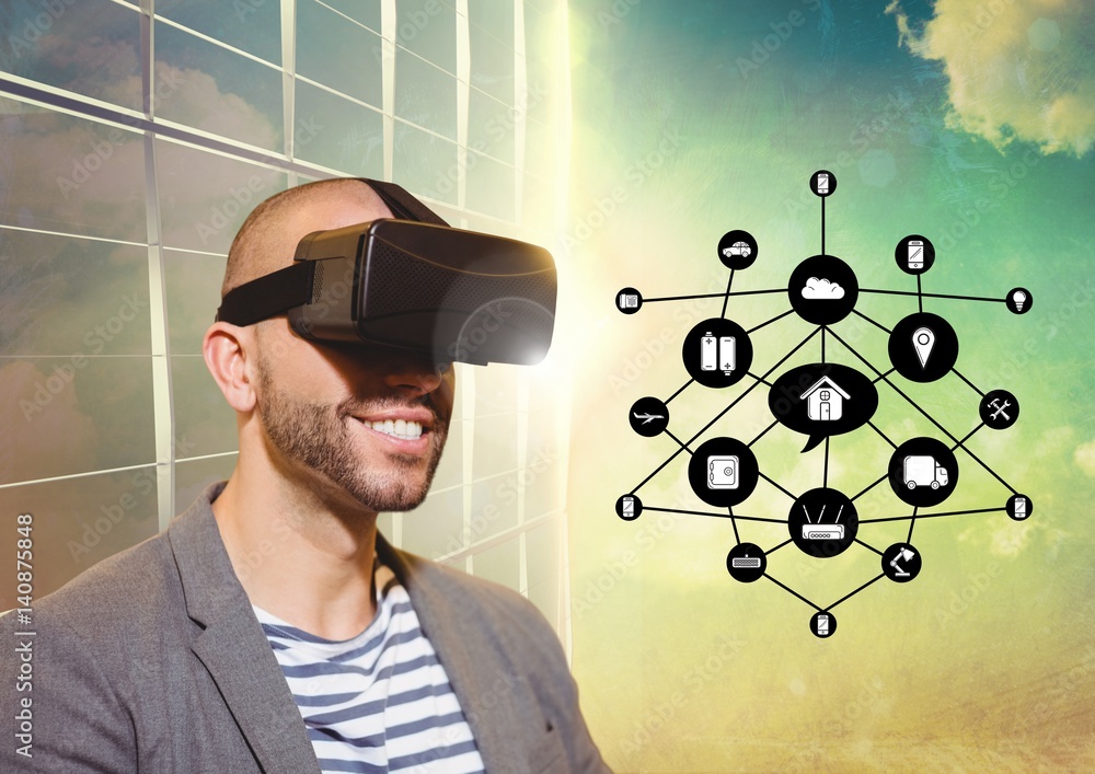Poster man using virtual reality headset with digitally generated icons