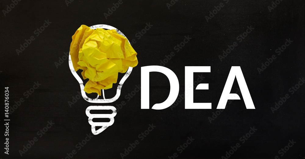 Poster conceptual image of bulb with crumpled paper and text