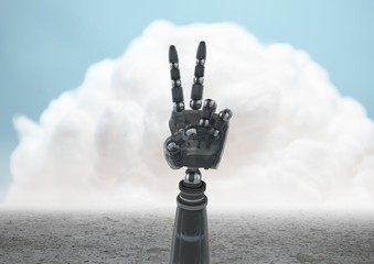 Robot hand showing peace sign against cloudy sky in background