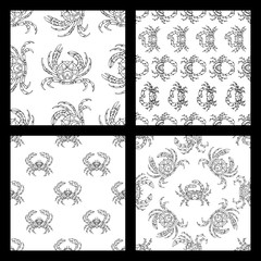 Vector set of seamless doodles crabs patterns.