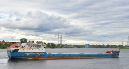 Cargo ship on the river Neva.
