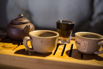 Tea drinking. Evening. Puer. Tea desk. Cups.