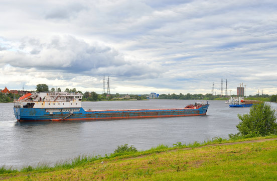 Cargo ship on the river Neva.