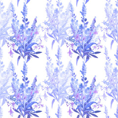 Watercolor illustration of wildflowers, seamless painting on a white and colored background