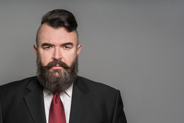 Adult angry bearded man in a suit on a gray background. Isolated