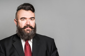 Adult bearded man in a suit on a gray background. Isolated