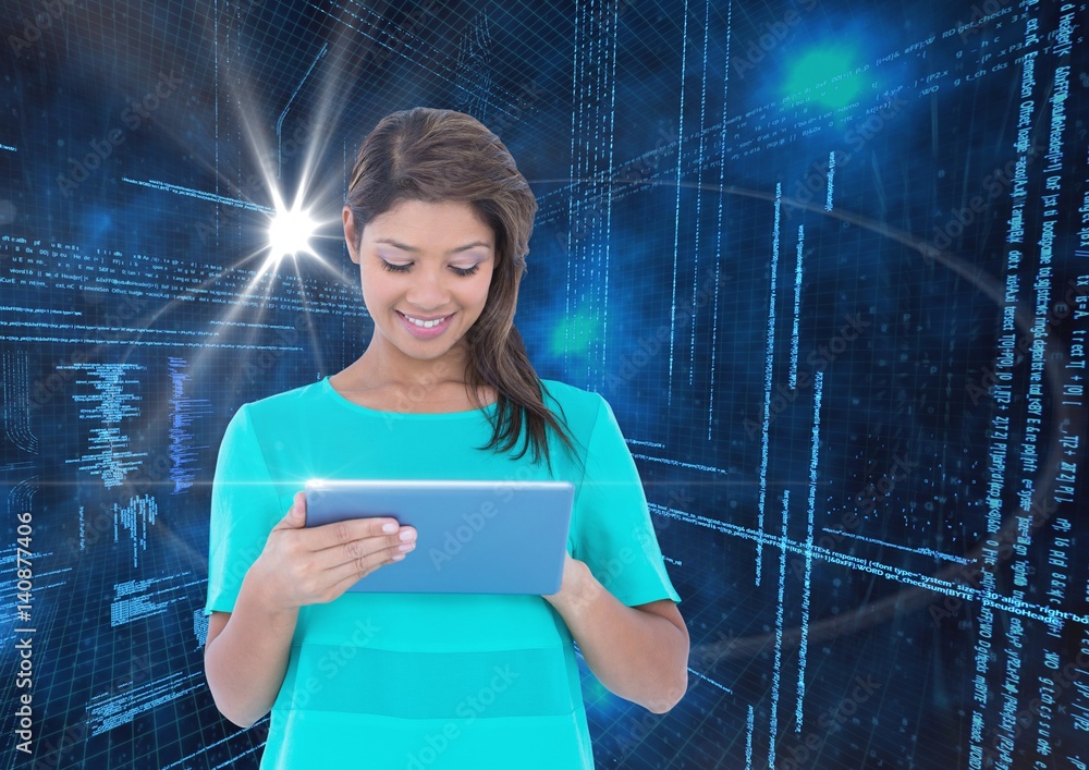 Poster woman using digital tablet against binary code interface