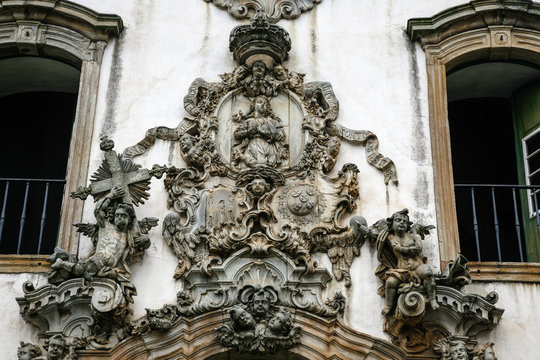 Detail above the entrance of Sao Francisco de Assis church carved by Aleijadinjo, Ouro Preto, Brazil.
