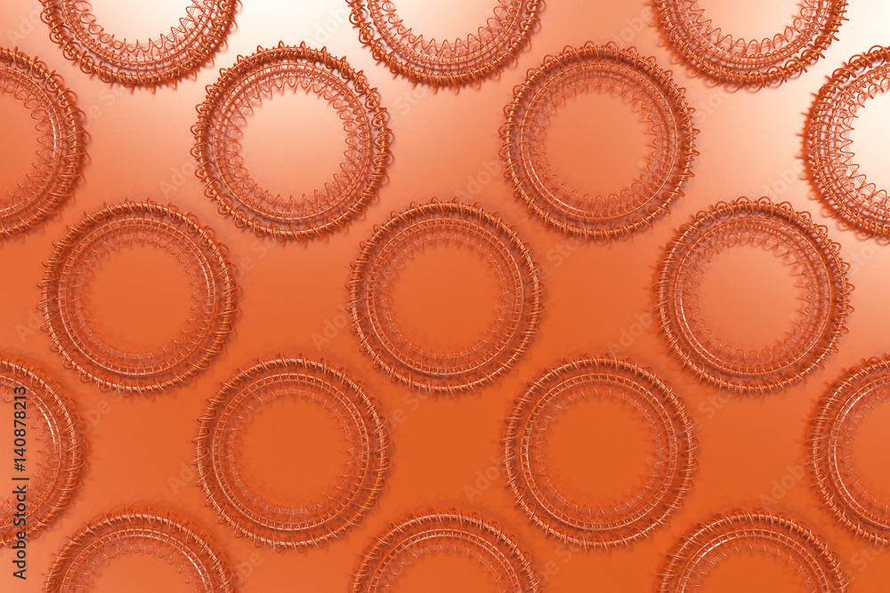 Wall mural pattern of concentric shapes made of rings and spirals on orange background