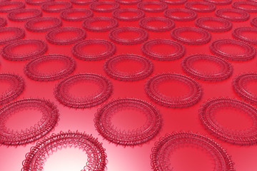 Pattern of concentric shapes made of rings and spirals on red background