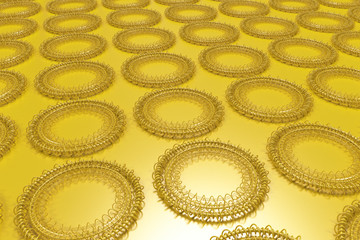 Pattern of concentric shapes made of rings and spirals on yellow background