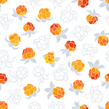 Seamless vector pattern with cloudberry on a white background.