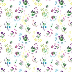 Seamless floral pattern, spring flowers saffron. Pattern fills, vector. Print for gift wrapping, fabric. White background, lilac, purple, blue, yellow, pink colored crocus flowers.