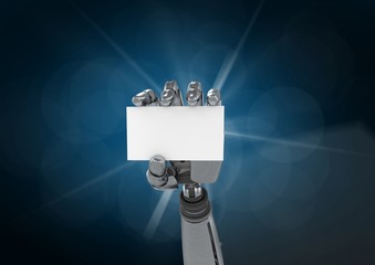 Robot hand holding placard against blue background