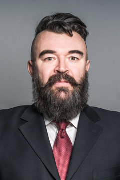 Adult bearded man in a suit on a gray background