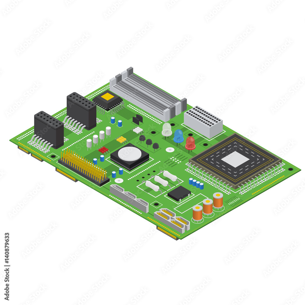 Poster electronic computer board isometric view. vector