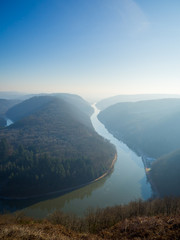 View on foggy river Saar in germany