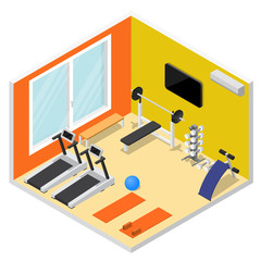 Interior Gym with Exercise Equipment Isometric View. Vector