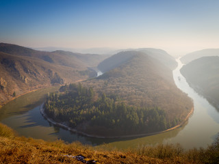 View on foggy river Saar in germany
