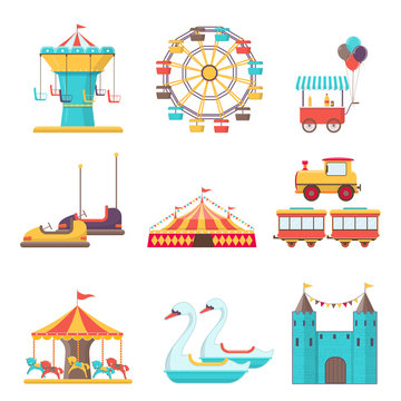 Set of amusement park elements on white background