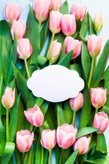 Fresh pink tulips, frame out of paper for your text on a blue wooden background