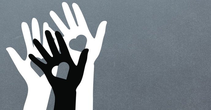 Illustration of black and white hands with heart shapes